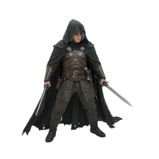 3D-Modell eines Fantasy-Schurken-Assassinen mit dunklem Kapuzenmantel und Lederpanzerung, der zwei Schwerter in Bereitschafts