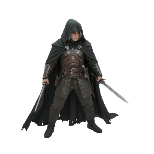 Modèle 3D d'un assassin voleur fantastique portant une cape à capuche sombre et une armure de cuir, tenant deux épées en posi