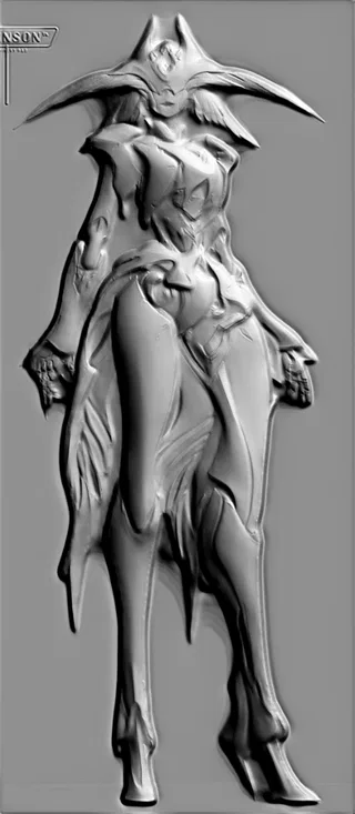 3D-Modell des Cyberpunk-Reliefs "Cybernetic Guardian" mit detaillierter Ausarbeitung mechanischer und organischer Formen.