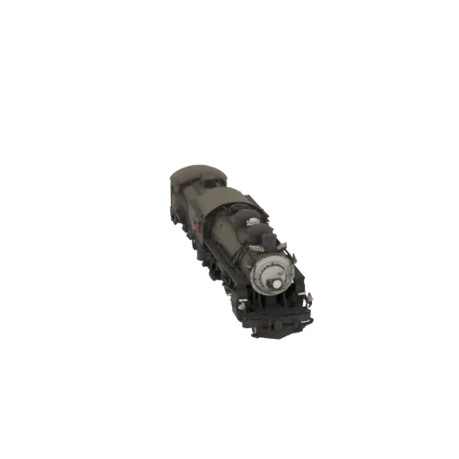 A detailed 3D model of a vintage steam locomotive, viewed from a slightly elevated angle, showcasing its classic design and m
