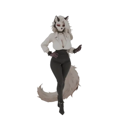 3D model of Loona, the wolf girl from Helluva Boss, wearing a white shirt and dark pants, posed confidently.