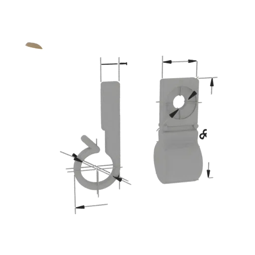 3D-Modell-Rendering eines weißen Kunststoff-Kabelclips mit gebogenem Haken und rundem Montageloch, von der Seite und von vorn