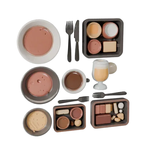 Breakfast Charcuterie Board Stylized 3D model, stylized isometric render, showing ceramic, arranged serving layout.