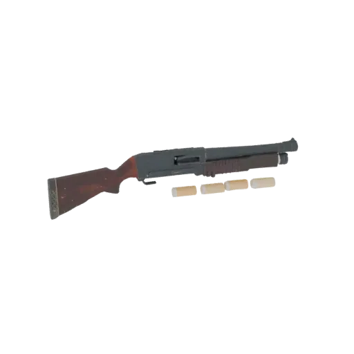 3D model of a pump-action shotgun with a dark wooden stock and three shells lying next to it.