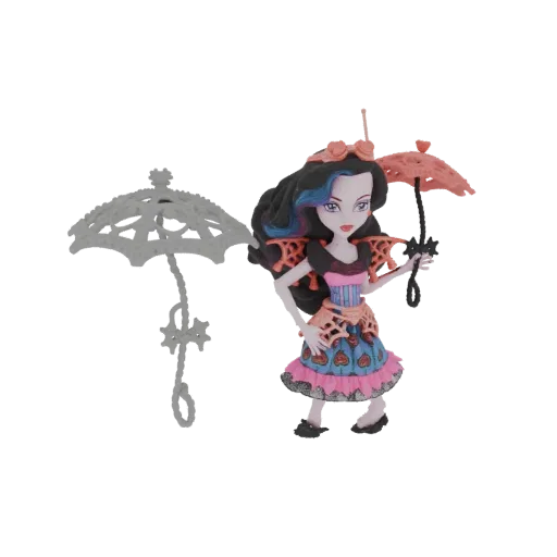 3D-Modell einer Monster High Puppe mit dunklen Haaren, pink-blauem Kleid, hält pinken Regenschirm, mit grauem Schatten.