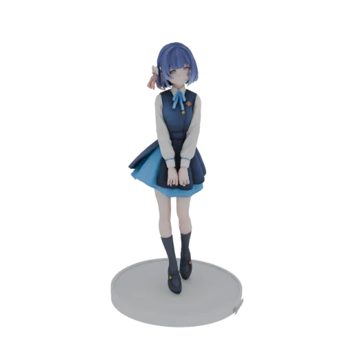 3D model of an anime girl with short blue hair, wearing a school uniform, standing on a clear display base.