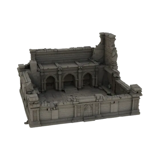 Ancient Temple Courtyard Printable 3D model, isometric tabletop STL render, showing aged stone, built remnants.