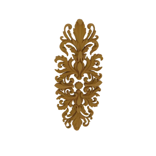 A detailed 3D model of an ornate acanthus scrollwork ornament with flowing leaf designs, presented against a white background