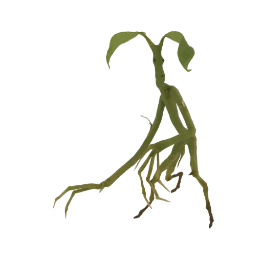 3D model of a green animated plant creature with a face, twig-like arms, and root-like legs.