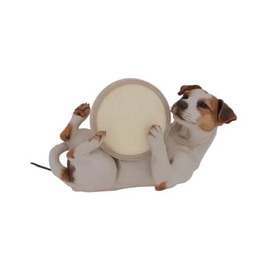 Modelo 3D de um Jack Russell Terrier deitado de costas, segurando um tambor de forma brincalhona com as patas.