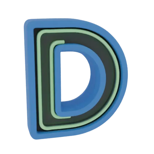 3D model of Letter D with multi-layered structure and groove for flexible neon, on a white background