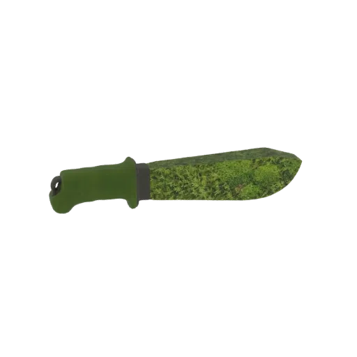 Modello 3D di un machete con lama ricoperta da texture realistiche di muschio e foresta, e manico verde solido.