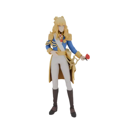 3D-Modell einer eleganten männlichen Figur in blauer und goldener Militäruniform, die eine rote Rose und ein Schwert hält, vo