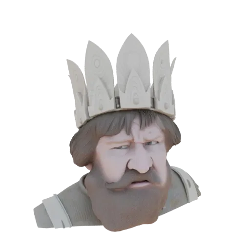 3D model render of a grumpy king's bust with a wooden crown and a stern expression.