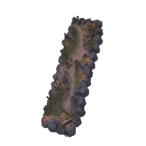 3D-Modell eines gewundenen Fantasy-Gebirgspfads mit felsigem Gelände, spärlicher Vegetation und alten Ruinen, beleuchtet von