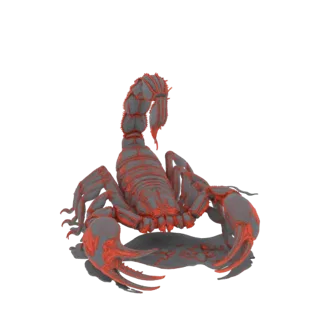 3D model of a grey scorpion with bright red accents on its tail, claws, and legs, set against a white background.