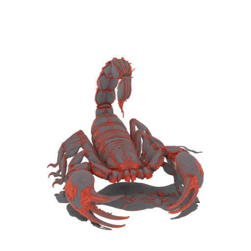 3D model of a grey scorpion with bright red accents on its tail, claws, and legs, set against a white background.