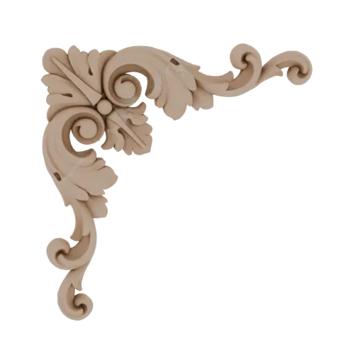 A 3D render of an ornate corner scrollwork ornament with acanthus leaf motifs, presented on a white background.