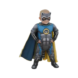 3D model of a child wearing a Raccoon Superhero costume with a blue and yellow cape, mask, and chest emblem.
