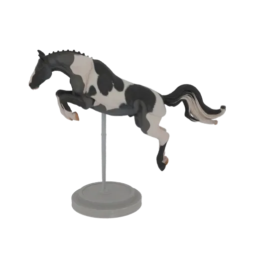 3D model of a pinto horse in mid-jump, with black and white patches, on a display stand.