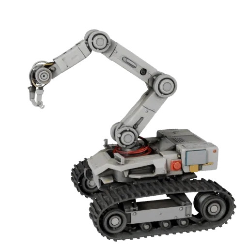 Crawler Robot Arm Realistic 3D model, three-quarter studio render, showing metal frames, robot form.