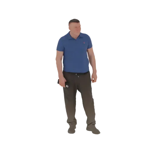 3D model of a man standing, wearing a blue polo shirt and grey sweatpants, holding a smartphone in his left hand.