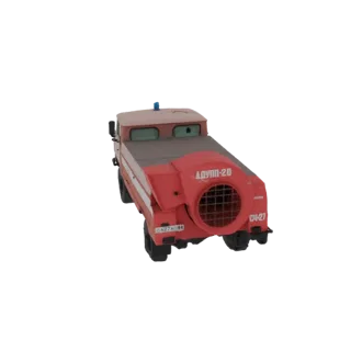 Un modelo 3D de un camión ventilador de bomberos rojo con un gran ventilador frontal y texto ruso, visto desde un ángulo tras