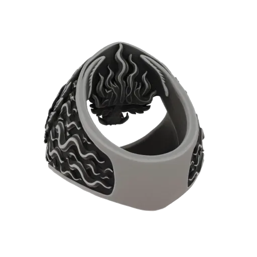 3D model of a ring with a phoenix rising from flames and a wavy band, viewed from the side.
