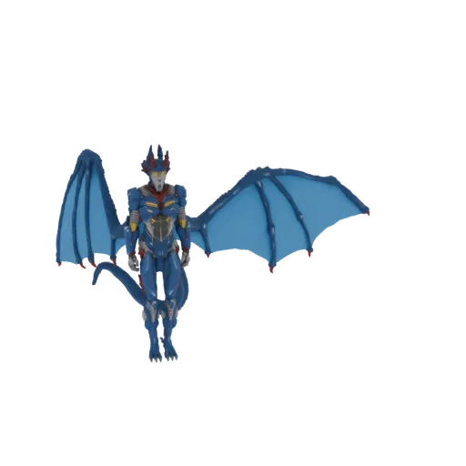 Modèle 3D d'un méca dragon bleu avec de grandes ailes bleues, des accents rouges et un corps robotique blindé, sur fond noir.