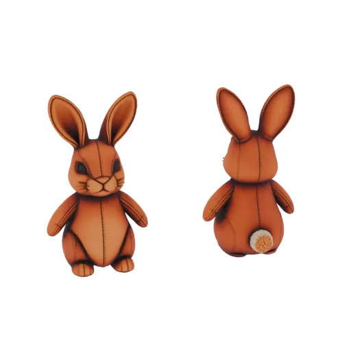 Vues avant et arrière d'un modèle 3D de lapin brun mignon avec texture cousue, grandes oreilles et queue duveteuse.