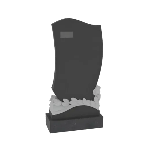 3D model of a dark gothic gravestone with a sculpted rose garland at its base and a small plaque, set against a white backgro