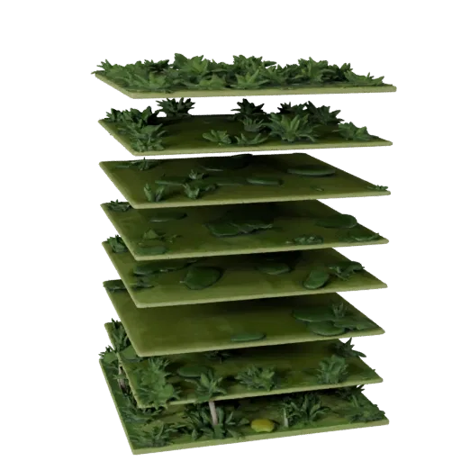 Tropical Jungle Biome Modular 3D model, isometric modular kit view, showing terrain layers, layered vegetation clusters.