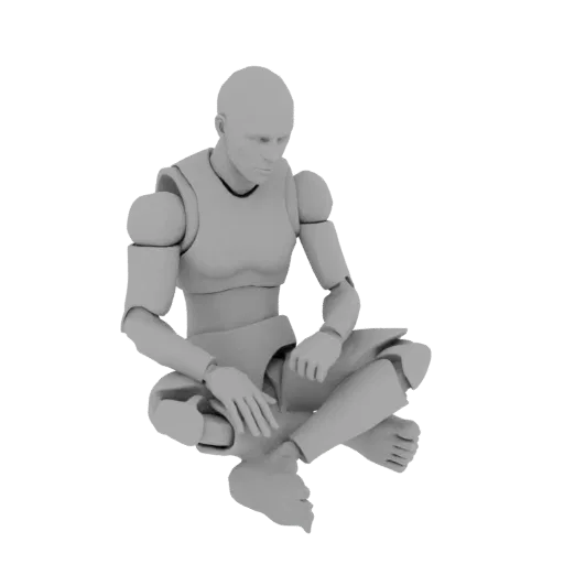 3D-Modell eines grauen, untexturierten Mannes, der mit gekreuzten Beinen und gesenktem Kopf in nachdenklicher Pose sitzt.