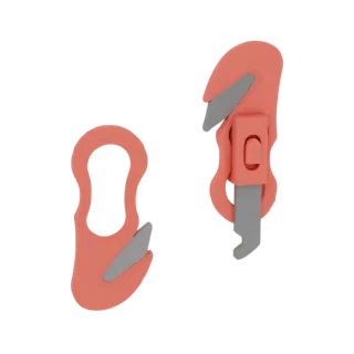 Modello 3D di due taglierini color corallo con lame grigie, uno con meccanismo di blocco.