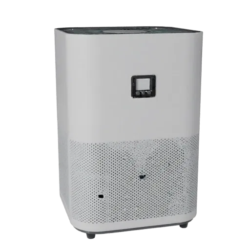 Smart Air Purifier 3D model, home interior, three-quarter front view, Unity viewport, plastic detail.