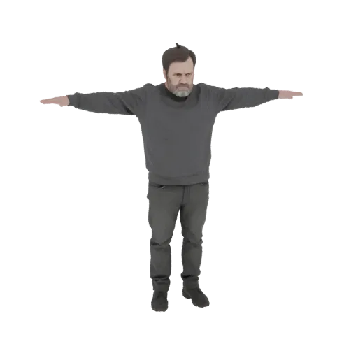 Modello 3D di un uomo in felpa grigia e jeans, in posa T con braccia tese.
