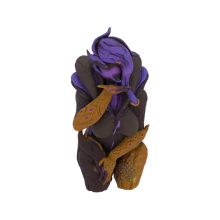 3D model of a mystic sorceress with flowing purple hair and golden armor, posed elegantly.