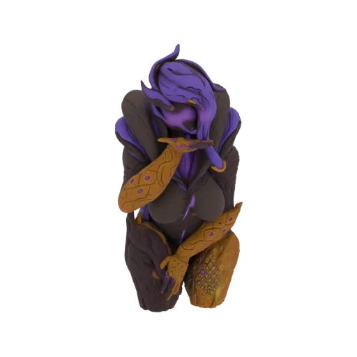 Modello 3D di una mistica maga con capelli viola fluttuanti e armatura dorata, in posa elegante.
