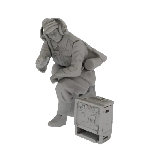 3D render of a grey miniature of a WWII radio operator wearing a helmet and headset, crouching next to a field radio.