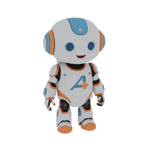 A 3D render of a cute, friendly robot character with a white body and orange and blue accents, standing and smiling.