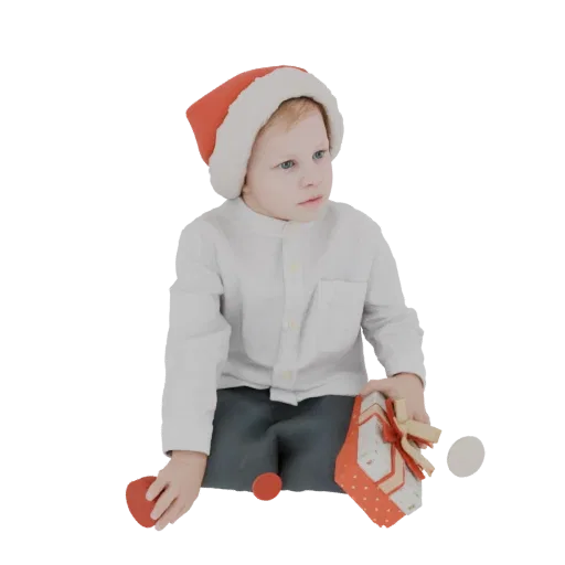 Modello 3D di un bambino con cappello di Babbo Natale che tiene un regalo di Natale, con sfondo nero.