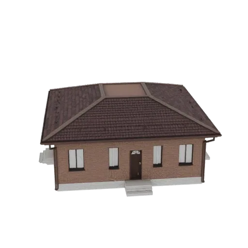 3D model of a modern single-story brick house with a dark brown gable roof, white-framed windows, and a central front door.
