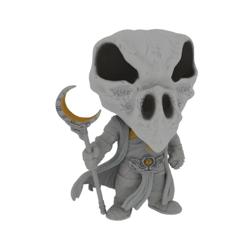 3D model of Moon Knight in Funko Pop style, holding a crescent staff and wearing his skull mask and mummy-like costume.