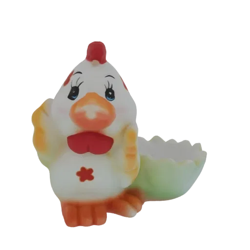 Modelo 3D de una linda gallina de cerámica con pajarita roja, diseñada como portahuevos con un receptáculo verde similar a un