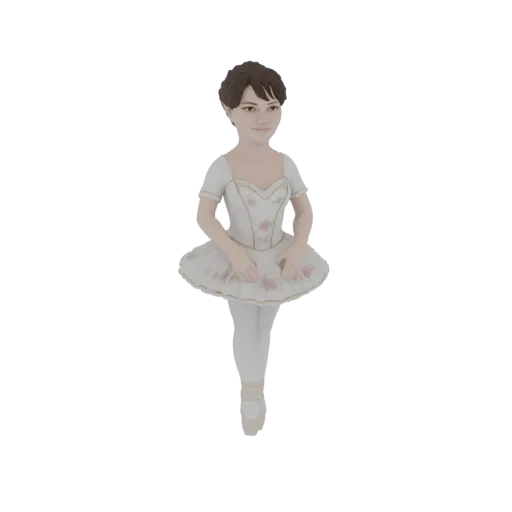 3D model of a young ballerina in a white tutu, with brown hair and ballet shoes, posed gracefully.