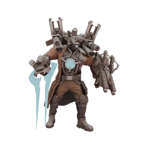 3D model of a Steampunk Heavy Weapons Specialist with a trench coat, mechanical arm, and multiple guns, rendered on a white b