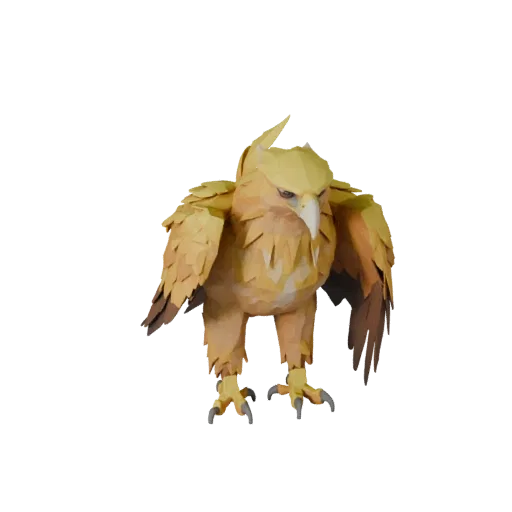 Modelo 3D de águila real low poly, vista lateral de cámara de juego, asset de animal low-poly con dirección de plumas, lógica