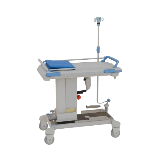 Emergency IV Stand 3D model, side profile view, technical viewport render, showing painted metal, clinical silhouette.