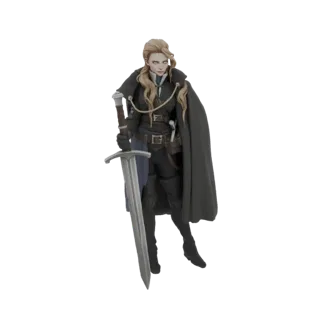 3D-Modell einer blonden Fantasy-Kriegerin in dunkler Rüstung, die einen großen silbernen Zweihänder hält und einen dunkelgrau