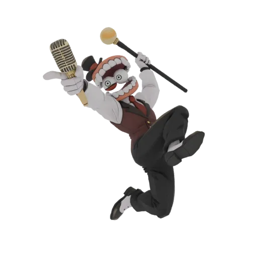 3D model of a cartoonish character with a large mouth, wearing a hat and suit, dancing with a microphone and cane.